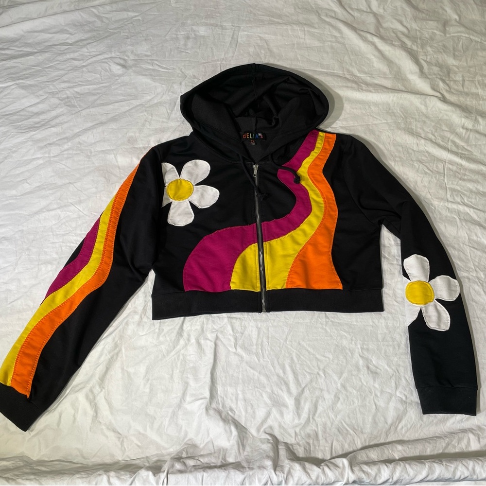 dELiA*s by Dolls Kill The New Daze Crop Hoodie XL Daisy Wave Applique Zip-up